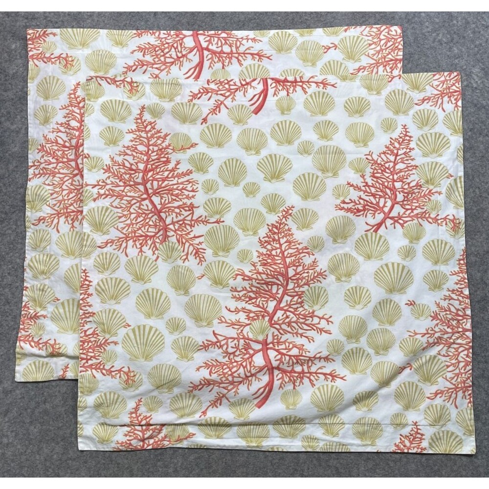 2 Pottery Barn Coral Reef Sea Shell Euro Shams Coastal Seaside Cotton Pair
